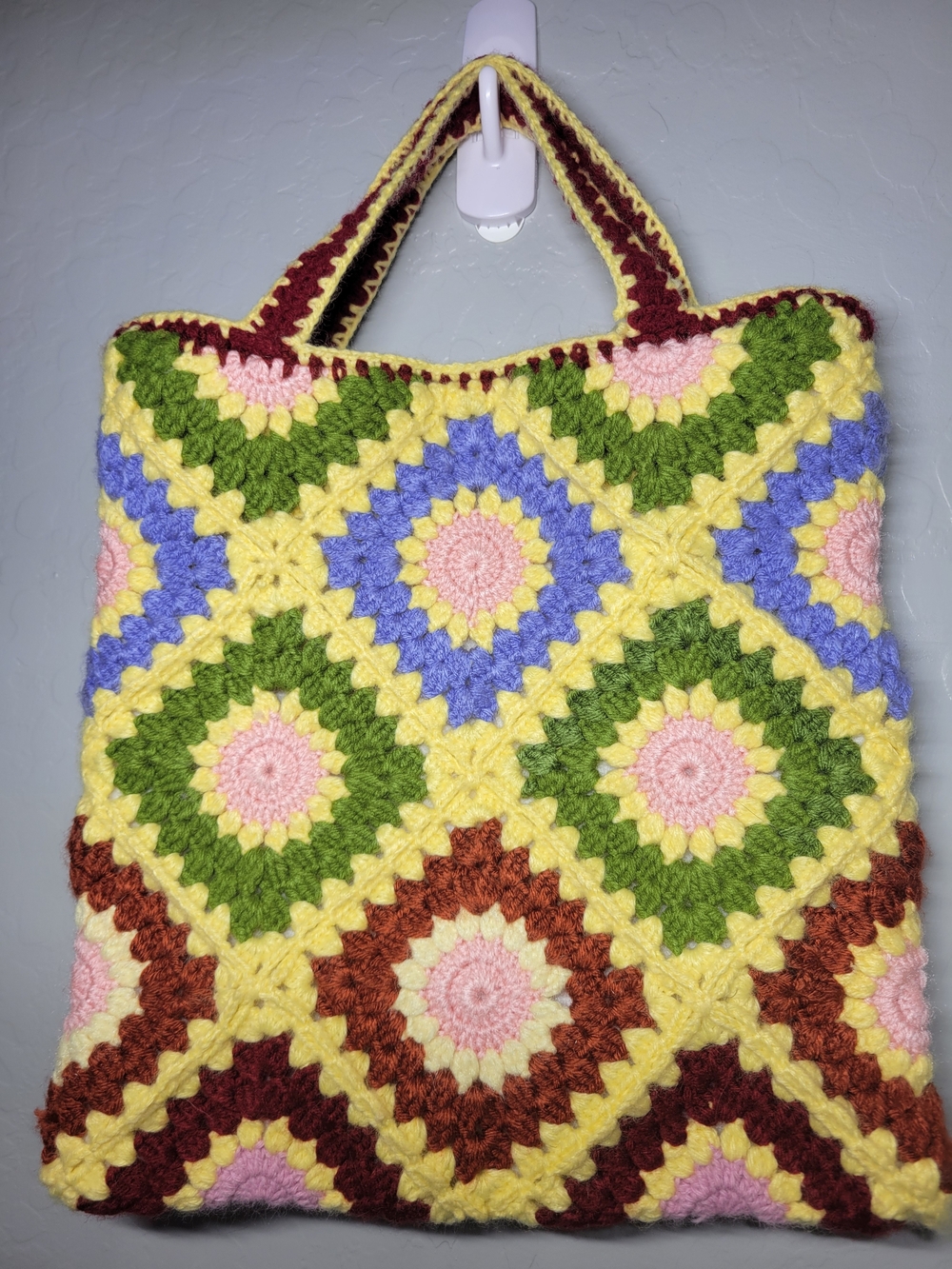 Handmade Crochet Tote Bag in Yellow, Green, Pink, Blue & Brown